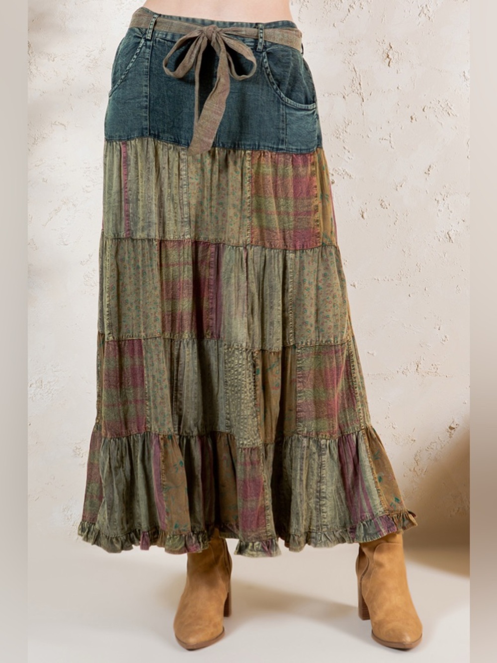 Boho Tiered Maxi Skirt in Olive Patchwork - Picture 2 of 9